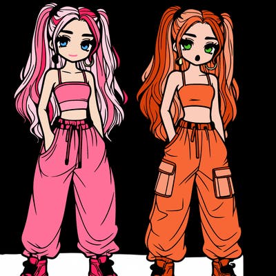 girl in baggy pants crop top and long hair