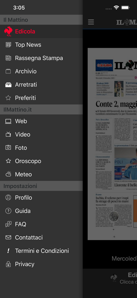 The side navigation menu of the Il Mattino mobile app showing sections like news archive and digital edition