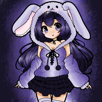 pretty anime girl wearing a fluffy hoodie with bunny ears on the hood and a skirt