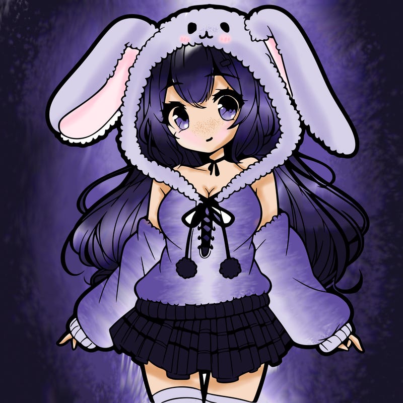 pretty anime girl wearing a fluffy hoodie with bunny ears on the hood and a skirt