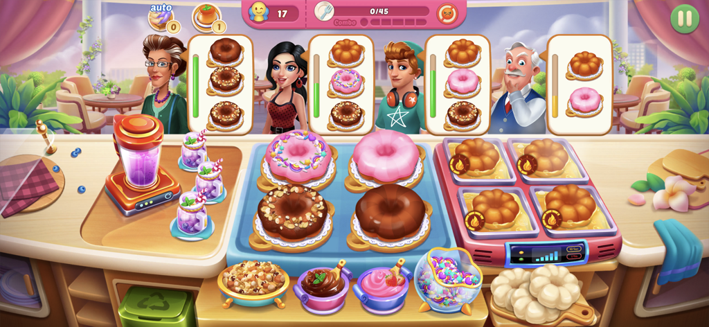 Chef Holiday 요리 게임 플레이 화면, 제빵소 카운터에서 고객들이 도넛과 케이크를 주문하는 모습