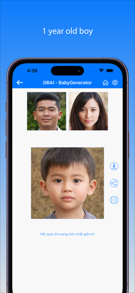Interface de l'application BabyGenerator montrant les photos des parents et le visage généré par IA d'un garçon d'un an.