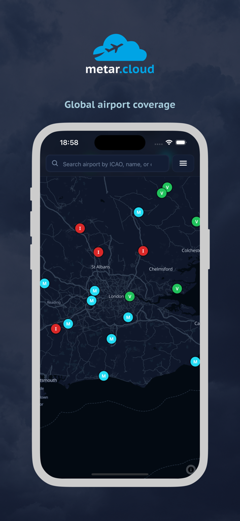 METAR Cloud - Interfaz de la aplicación METAR Cloud que muestra un mapa con condiciones meteorológicas de aeropuertos codificadas por colores para cobertura global