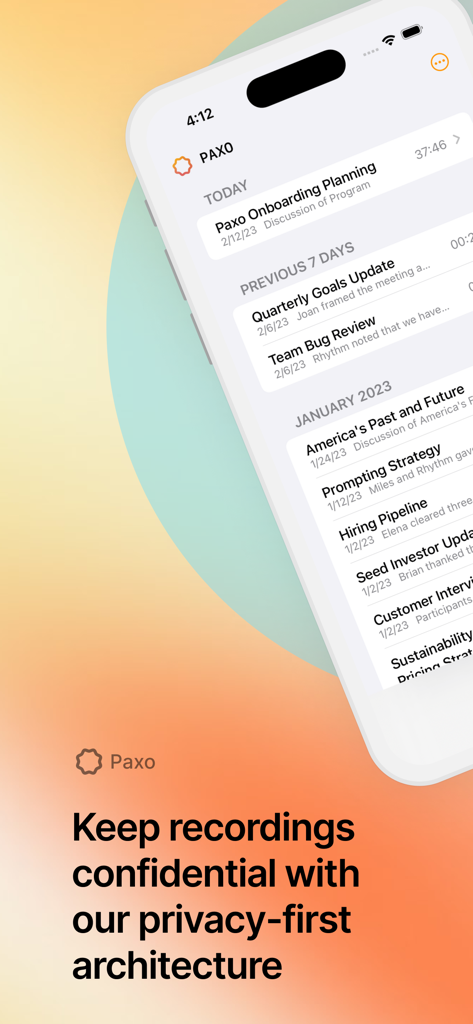 Paxo: AI Meeting Notes - A list of categorized meeting recordings in the Paxo AI app emphasizing privacy