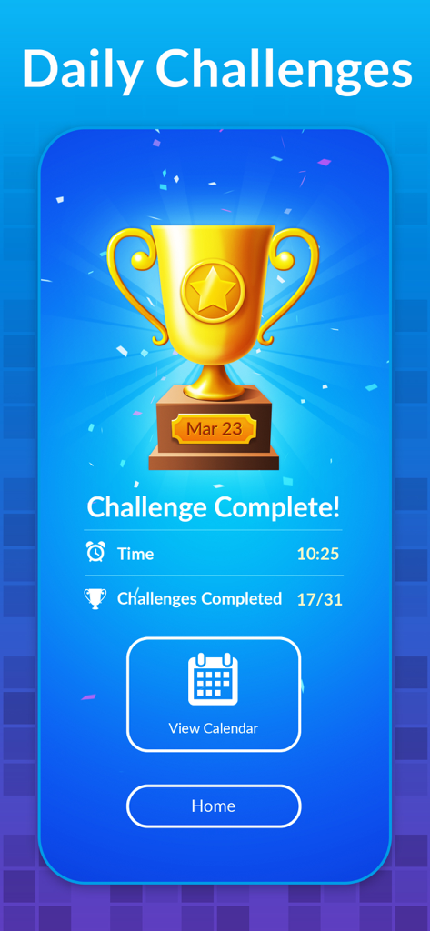 Sudoku ▦ - Écran du jeu Sudoku montrant un défi quotidien terminé avec un trophée d'or