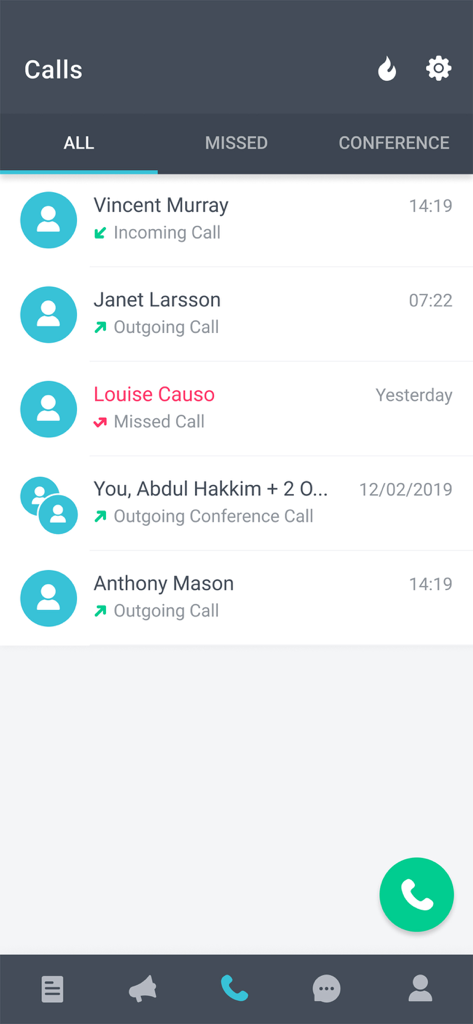 Secure call history screen in the SMART Comms app showing incoming and outgoing encrypted calls