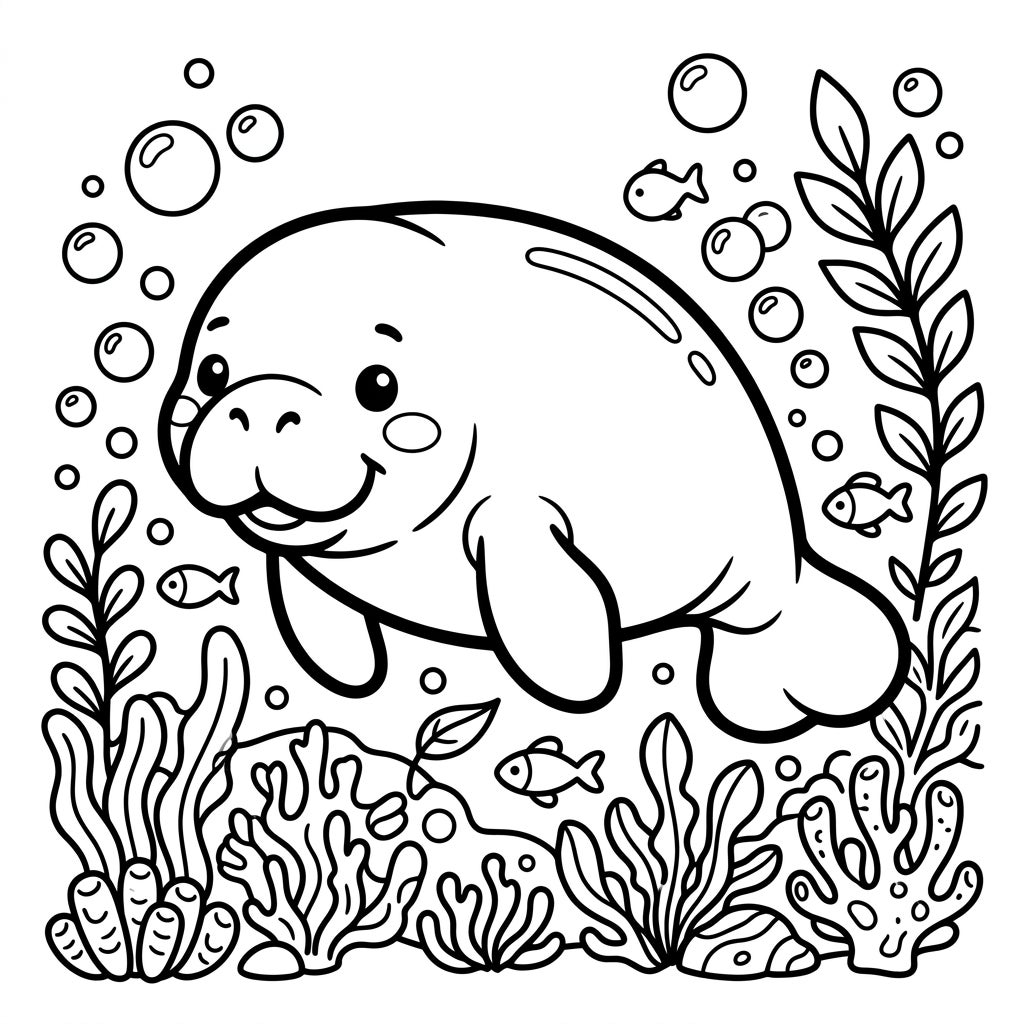 Kawaii Manatee Swimming Coloring Page for Kids & Adults