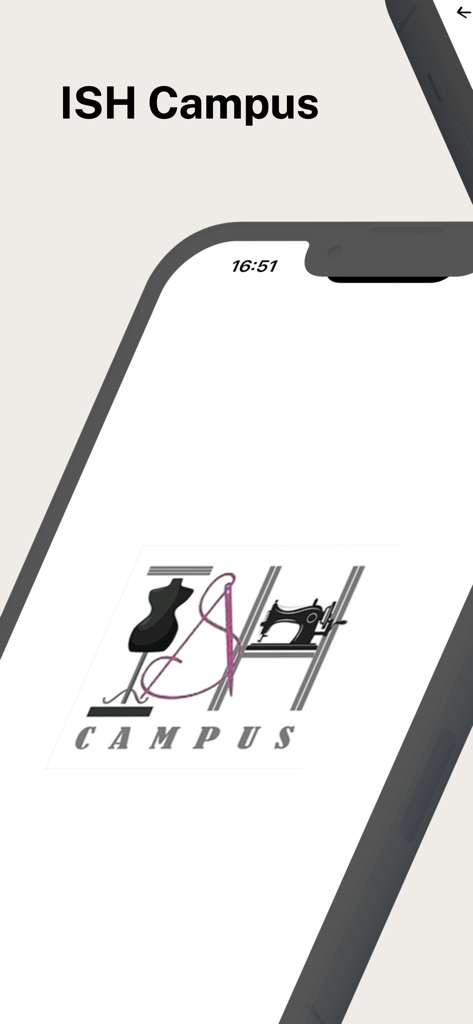 ISH Campus Nähakademie-App Willkommensbildschirm mit dem Logo, einer Schneiderpuppe und einer Nähmaschine.