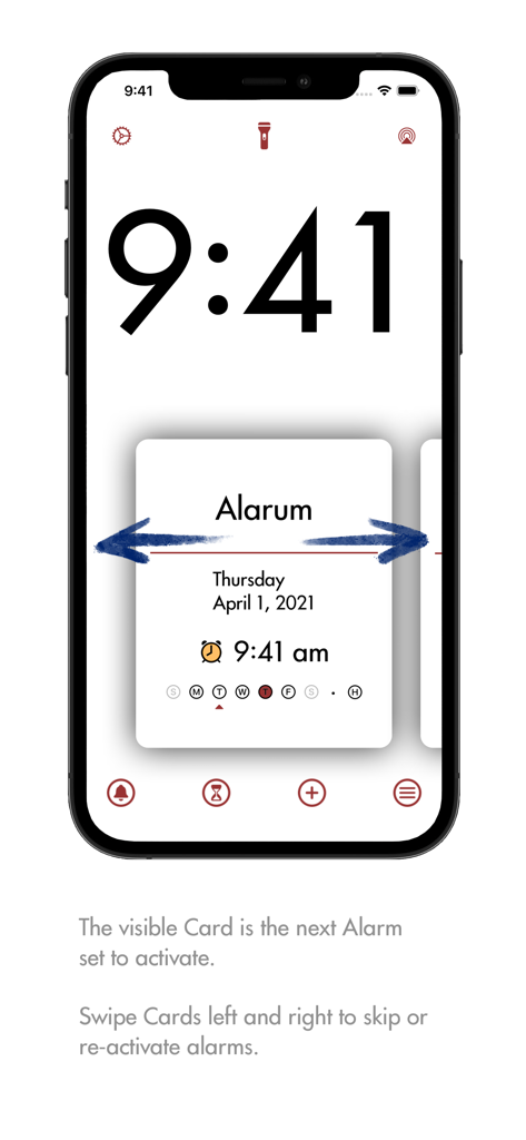 Alarum app showing a minimalist card interface with blue arrows indicating swipe gestures to skip or reactivate alarms.