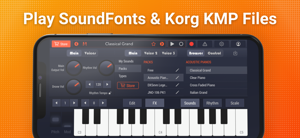 Soundfont Pro: Synth Studio - ピアノサウンドとデジタルキーボードが表示されたSoundfont Proアプリインターフェース