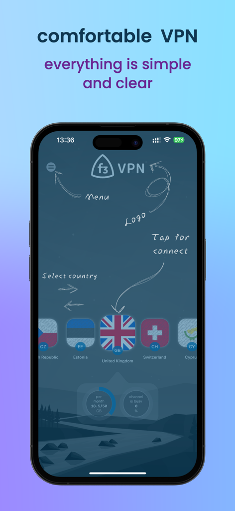 f3 vpn - simple VPN - Tela do iPhone exibindo a interface do aplicativo f3 vpn com conexão de um toque simples e bandeiras de seleção de país