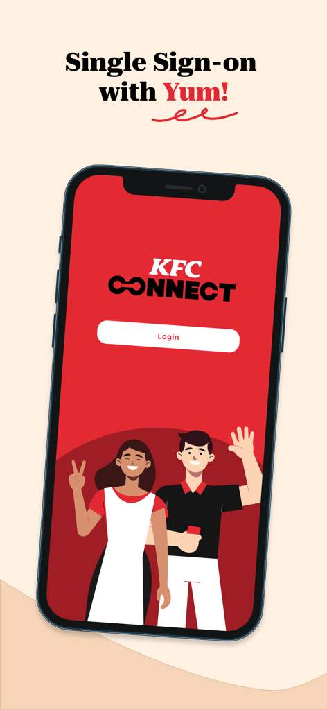 KFC Connect - KFC Connect mobile app login screen featuring Single Sign-on with Yum brand and illustrations of restaurant employees