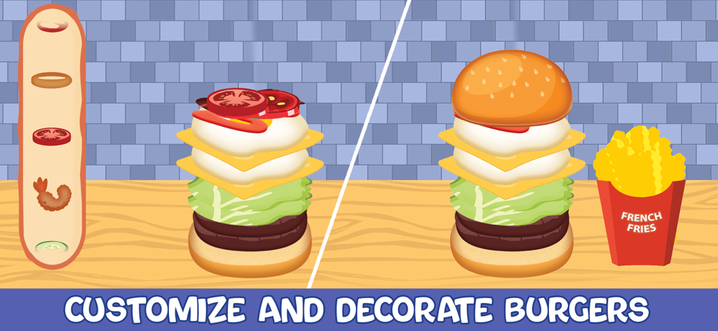 Cooking games for children 2+ - Una pantalla de juego que muestra a los niños cómo personalizar y decorar hamburguesas con varios ingredientes y una guarnición de patatas fritas