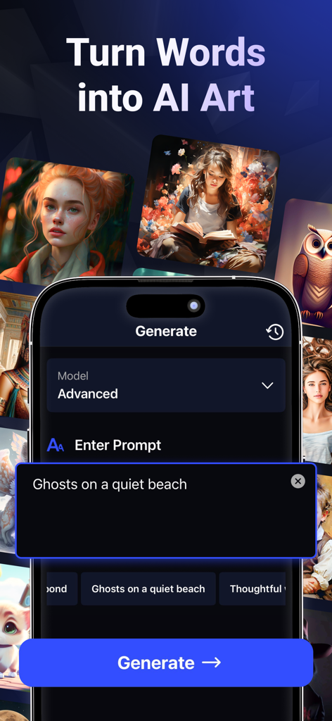 Deviant Art - Monet AI - Una interfaz móvil que muestra cómo convertir indicaciones de texto en arte IA utilizando Deviant Art Monet AI