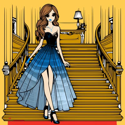 realistic style,girl,wearing fancy dress,tall,slim,walking down a fancy staircase