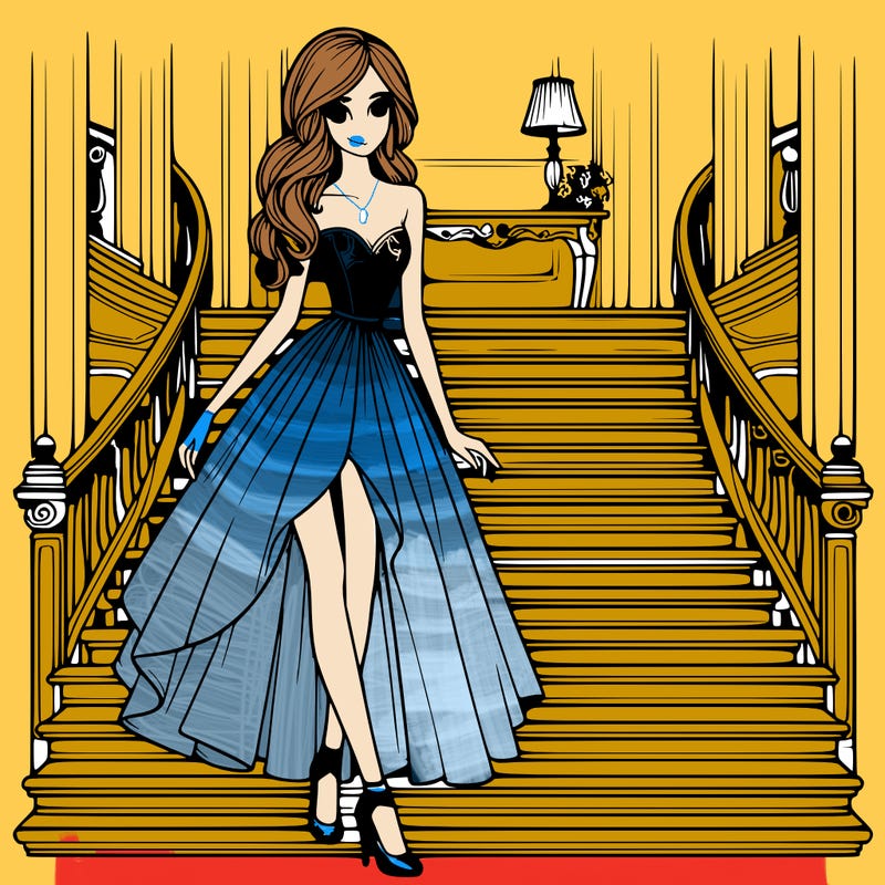 realistic style,girl,wearing fancy dress,tall,slim,walking down a fancy staircase