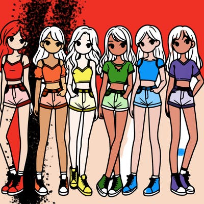 a group of girls wearing crop tops and shorts