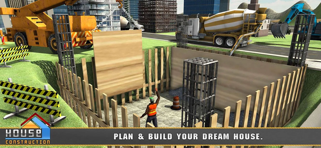 House Construction Simulator - House construction simulator gameplay showing a crane and cement mixer at a residential building site