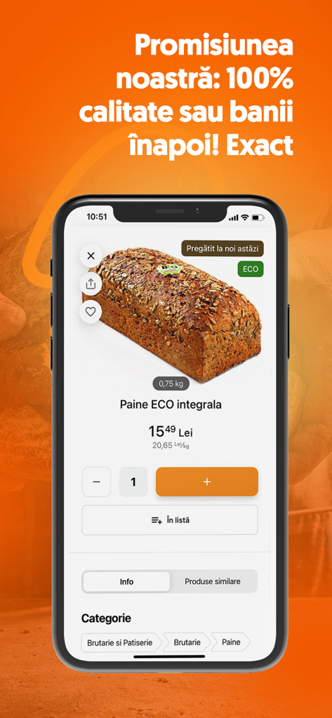 Sezamo - A product page in the Sezamo app featuring fresh artisanal organic bread with ordering options and a quality guarantee