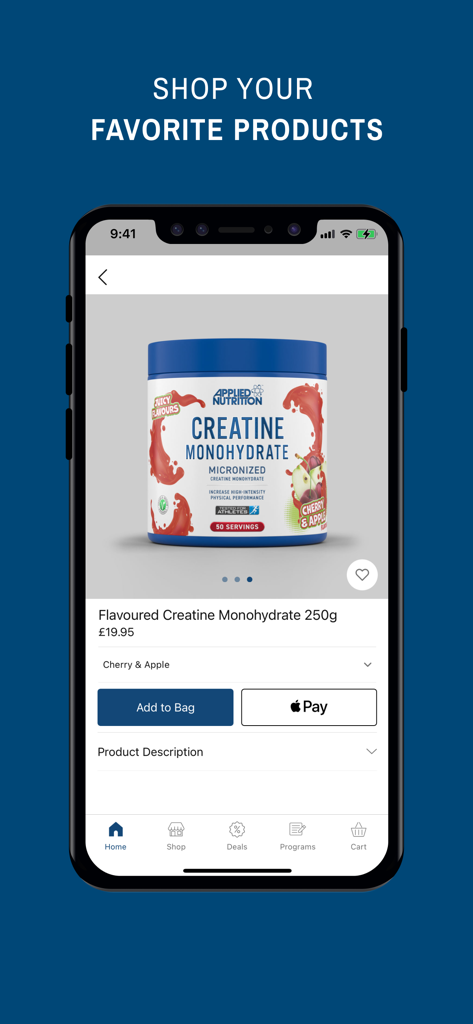 Interface do aplicativo móvel Applied Nutrition mostrando uma página de produto para creatina monohidratada saborizada com um botão de checkout Apple Pay.