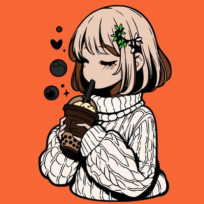 manga girl drinking boba in cozy sweater
