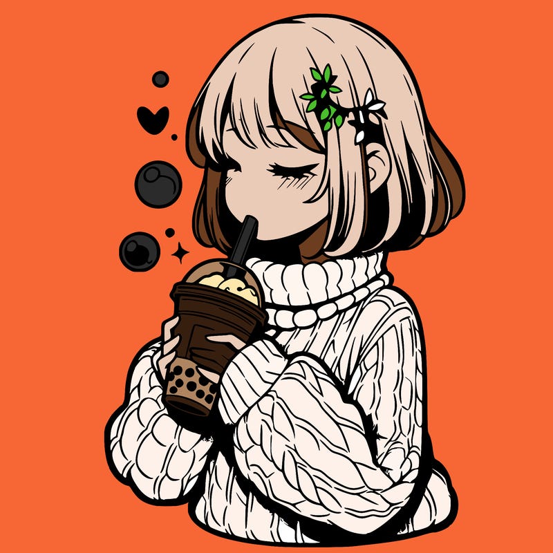 manga girl drinking boba in cozy sweater