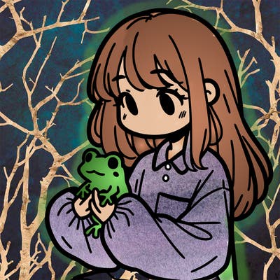 girl with long hair and a oversized shirt. and she is holding a frog
