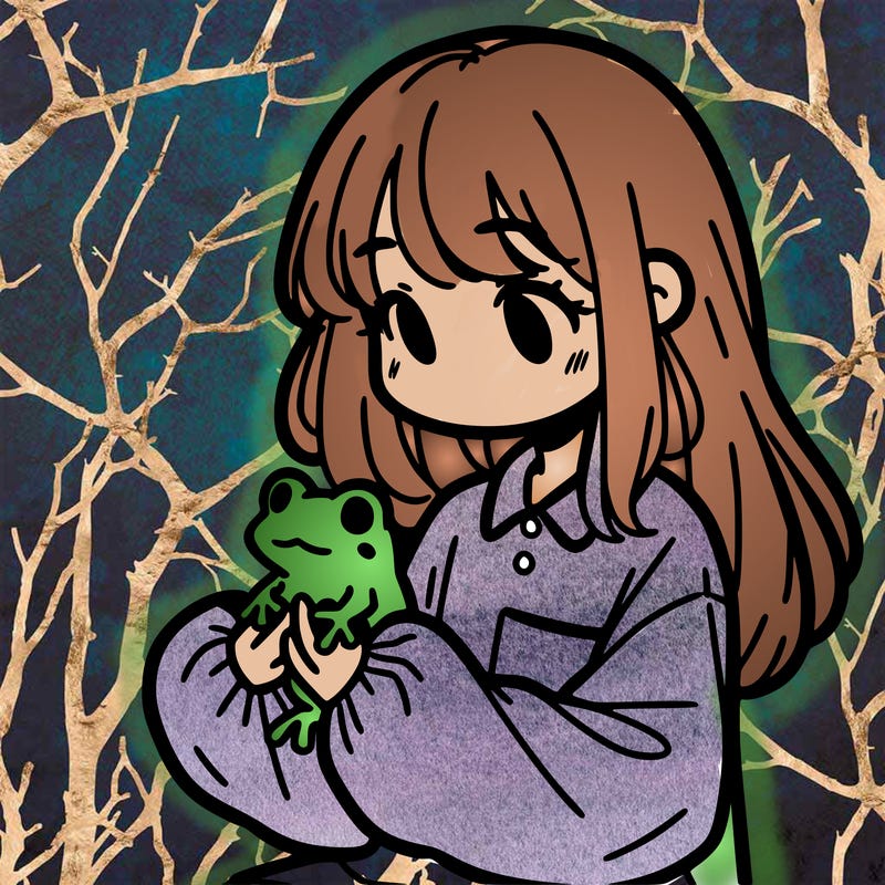 girl with long hair and a oversized shirt. and she is holding a frog