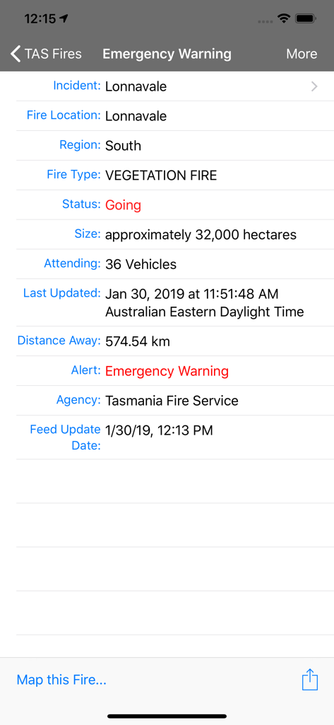 Emergency warning screen for a vegetation fire in Lonnavale on the TAS Fires app showing status and size.