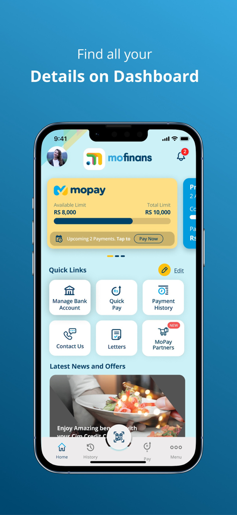 Mo Finans app dashboard showing account balances quick links for payments and latest news