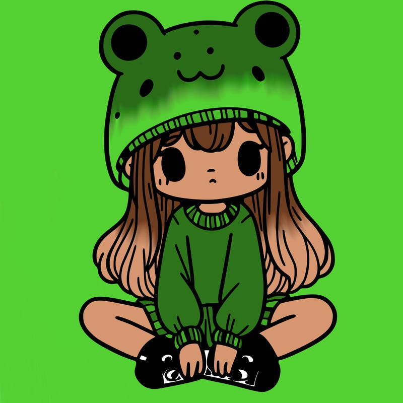a girl wearing a frog hat and some frog socks