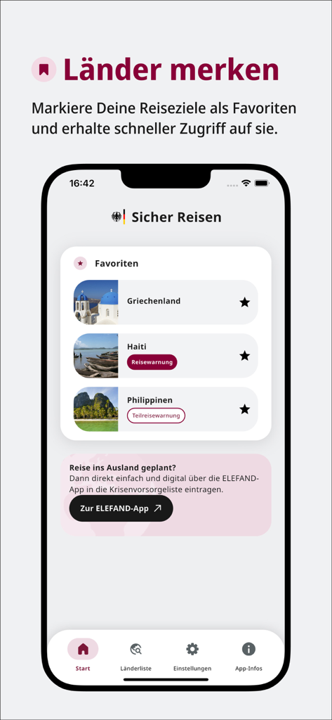 Interfaccia dell'app Sicher Reisen che mostra un elenco di destinazioni di viaggio preferite con avvisi di sicurezza in tempo reale.