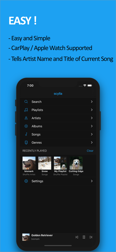 scylla - Hi-Res Music Player - Scyllaハイレゾミュージックプレイヤーのメインライブラリスクリーン。シンプルなナビゲーションと最近再生したアルバムを表示。