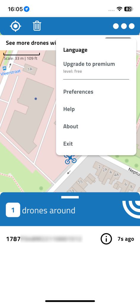 DroneScout pro - DroneScout pro app interface displaying a map with a detected drone and an open settings menu