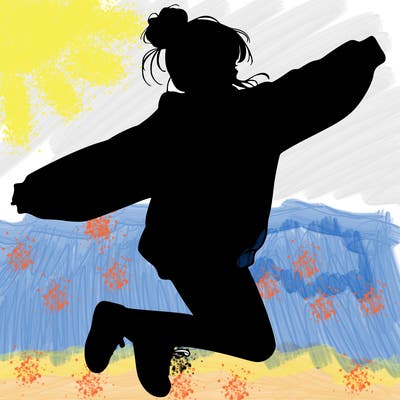 realistic girl jumping with a bun and oversized sweatshirt