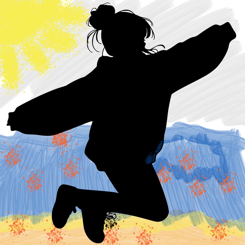 realistic girl jumping with a bun and oversized sweatshirt
