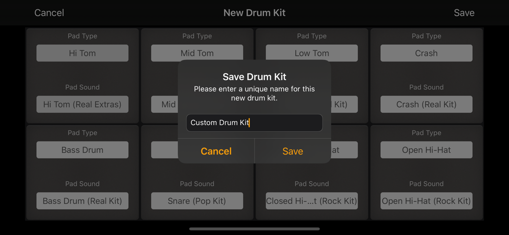Interface for naming and saving a custom drum kit in Rhythm Pad Pro app