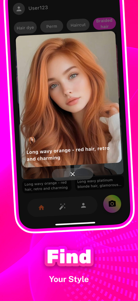 HaloHub - HaloHub app showing a virtual hair makeover with orange red wavy hair