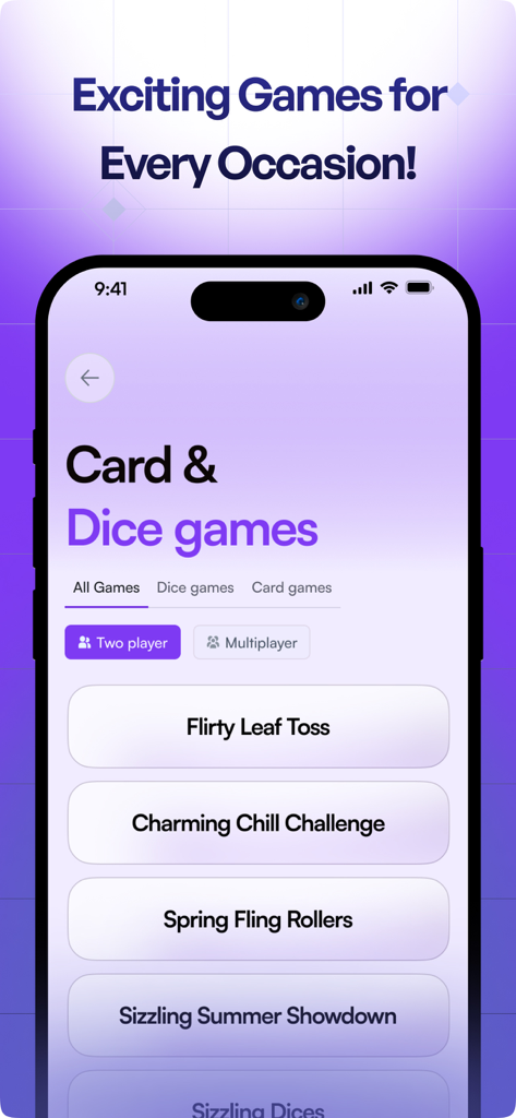 Interfaz de la app móvil Flizz que muestra una lista de juegos de cartas y dados para reuniones sociales