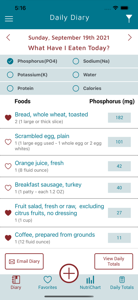 KidneyDiet - KidneyDiet app interface showing a daily food diary with phosphorus content tracking for several breakfast items