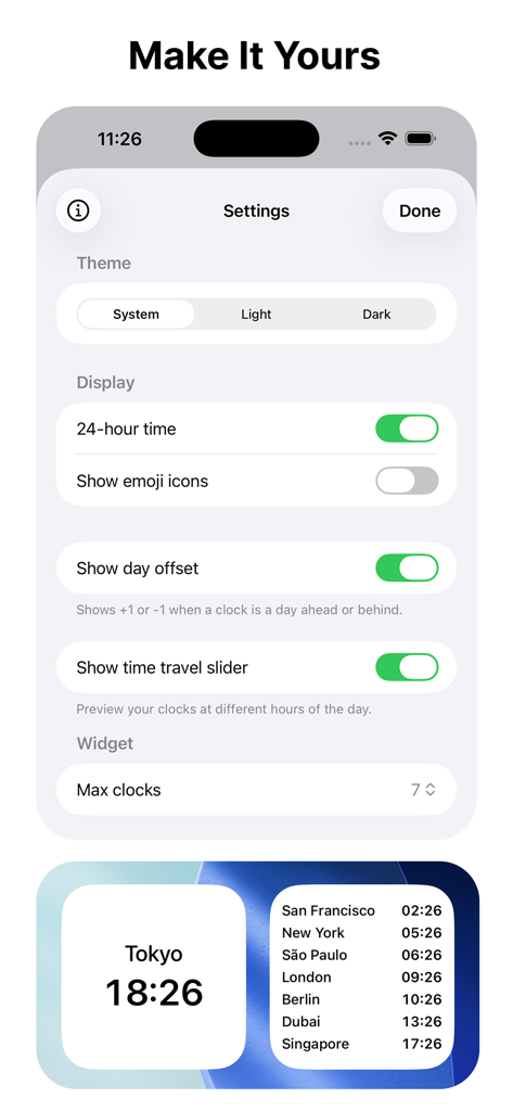 Zone World Clock Einstellungsbildschirm mit Optionen für Theme- und Widget-Anpassung