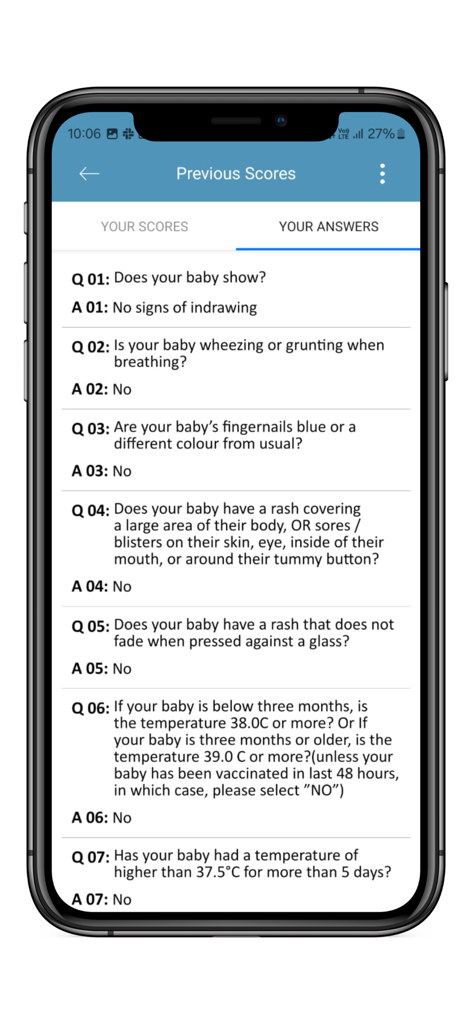 The Lullaby Trust Baby Check - The Previous Answers screen of The Lullaby Trust Baby Check app displaying a list of infant health questions and responses.