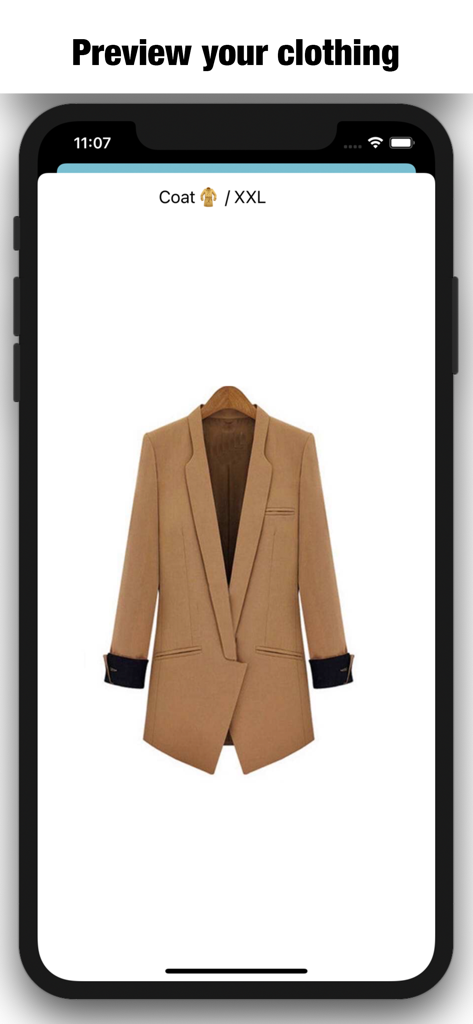 My Clothes And Wardrobe- Dress - Aplicativo de guarda-roupa digital exibindo uma prévia de um casaco bege com etiqueta XXL