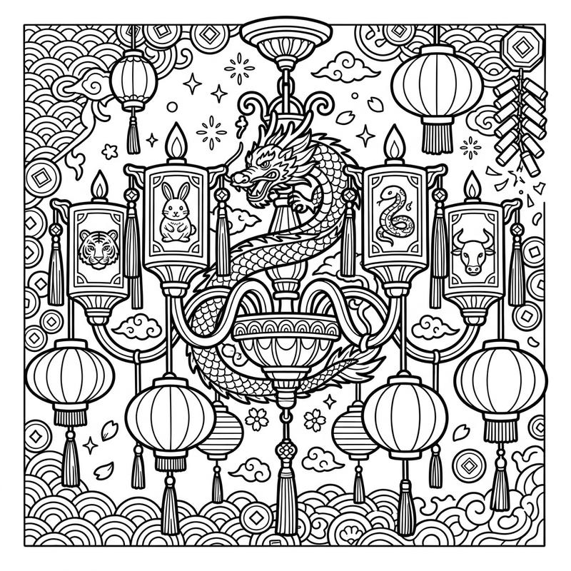 Celebrate the vibrant spirit of Lunar New Year with this magnificent chandelier coloring page. Discover a breathtaking design featuring a majestic dragon, intricate lanterns, and charming zodiac animals ready for your creative touch.