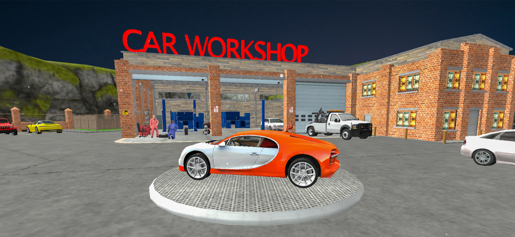 Une supercar orange et argentée sur une plateforme tournante devant un atelier de réparation de voitures en briques dans le jeu Open Drive 3D.