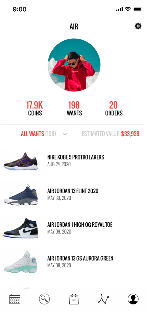 User profile in KicksOnFire app displaying a sneaker wishlist and estimated collection value