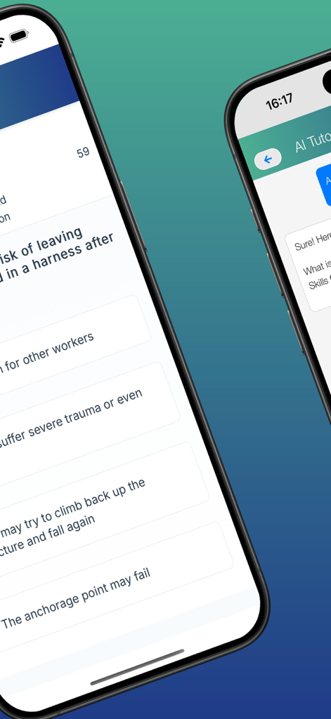 Telas do aplicativo móvel mostrando um quiz de segurança na construção e um chat integrado de tutor de IA para preparação para o exame.