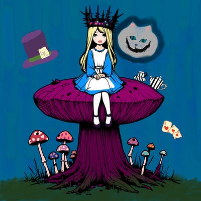realistic girl sitting on a huge tree stump size toadstool with thorn crown