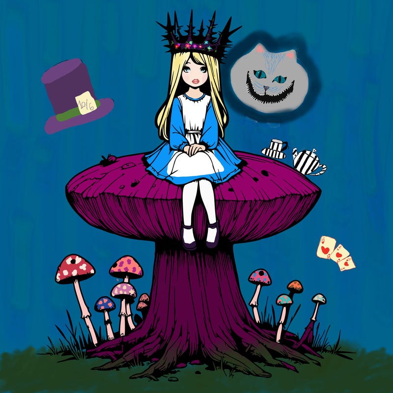realistic girl sitting on a huge tree stump size toadstool with thorn crown