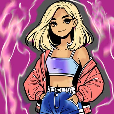 a realistic girl with a crop top and short shorts in an open jacket